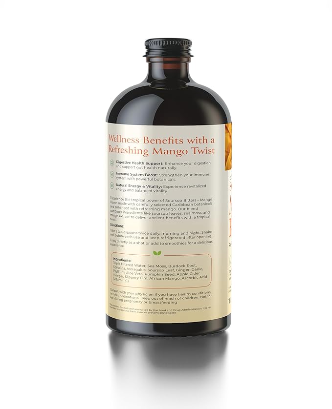 Mira's Harvest Soursop Bitters Liquid Mango Flavor, Premium Grade For Immune Boost, with Irish Moss, Burdock Root, African Mango 16oz