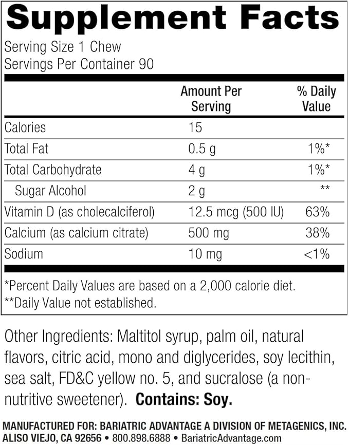 Bariatric Advantage Calcium Citrate Chewy Bites 500 mg - Highly Absorbable & Digestible - Vitamin D3 - Easily Chewable Calcium Supplement - Pineapple Mango - 90 Count