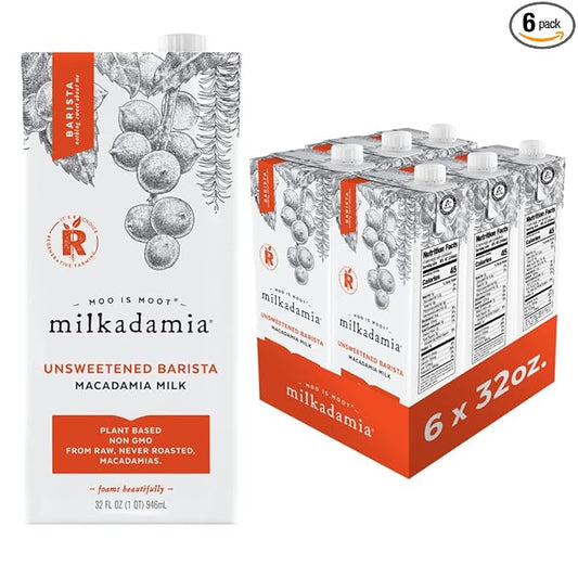 milkadamia Macadamia Milk - Unsweetened Barista - 32 Fl Oz (Pack of 6) - Lactose Free, Vegan, Shelf Stable, Plant Based, Non Dairy, Dairy Free