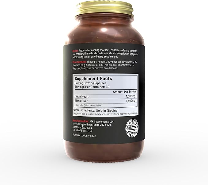 MK Supplements American Beast – Strength, Endurance & Recovery Support – 150 Capsules (30 Servings) – Freeze-Dried American Bison, 100% Grass-Fed, Bison Liver and Bison Heart, Whole-Food Formula