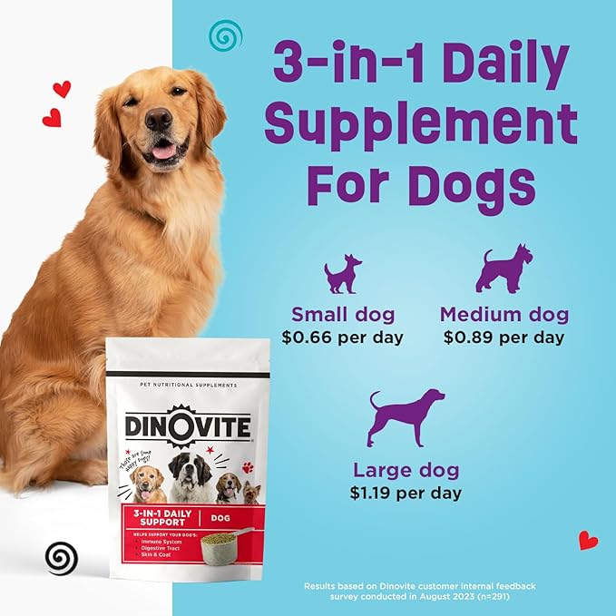 Dinovite 3 in 1 Probiotic for Small Dogs, Skin & Coat, Digestive Health & Joint Relief, Dog Food Toppers, Immune Support, Allergy Relief & Itch Relief Skin Care, 30 Servings (1-18lb)