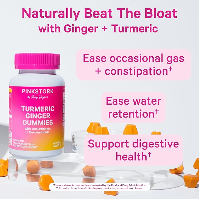 Pink Stork Turmeric Ginger Gummies – Gut & Digestive Support for Women – Anti Bloating Supplement with Antioxidants – Spiced Apricot Flavor, 60 Vegan Gummies