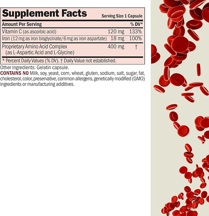 ANDREW LESSMAN Iron Plus 90 Capsules - 18mg Iron, 100% Pure Amino Acid Chelated Iron (Glycinate, Aspartate), Plus Vitamin C for Increased Absorption, Small, Easy to Swallow Capsules, No Additives