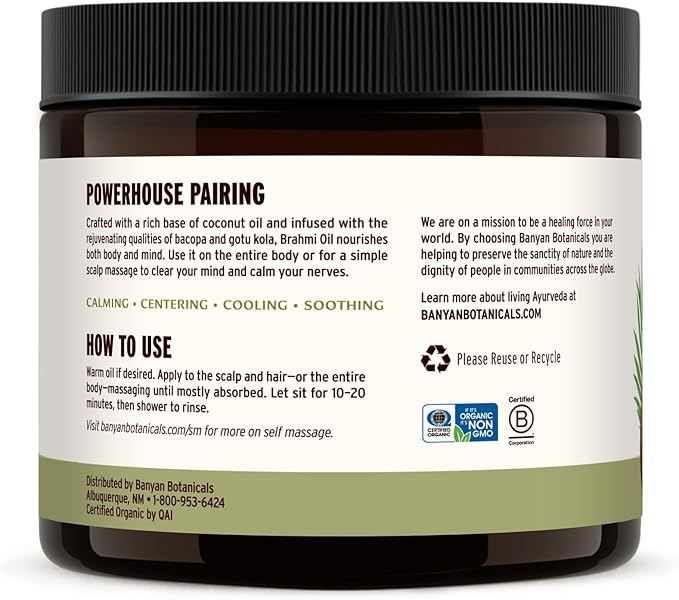 Banyan Botanicals Brahmi Oil in Coconut Base – Organic Ayurvedic Massage Oil with Gotu Kola and Bacopa ­­– Calming Massage Oil for Focus & Relaxation – 14.5 oz NonGMO Sustainably Sourced Abhyanga Oil