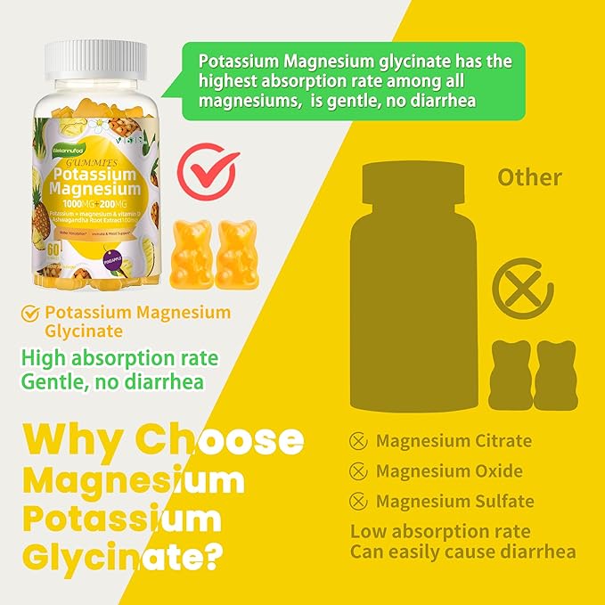 Potassium Magnesium Gummies,High Absorption Magnesium Glycinate,B6,D3,Potassium Citrate for Leg Cramps,Muscle,Electroyte for Adults Kids,Sugar-Free, 120 Gummies (Pineapple)