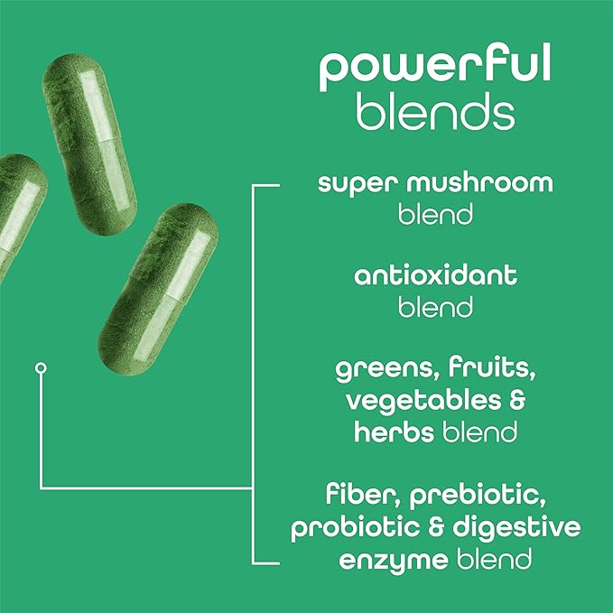 Zena Nutrition Organic Super Greens Fruit & Veggies Supplement, 70+ Superfoods from Fruit & Vegetables, 3g Fiber, Spirulina, Chlorella, Prebiotics & Probiotics, Digestive Enzymes, 180 Capsules