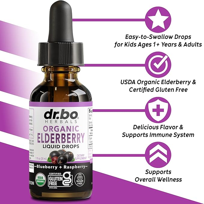 Elderberry Syrup Organic Liquid Drops - Sugar Free Immune Support Supplement for Adults & Kids, Ages 1 Immune Booster - Pure Organic Elderberry Syrup Liquid Drops Tincture Extract Concentrate 1 Fl Oz