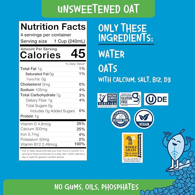 PLANTSTRONG Oat Milk Unsweetened 32oz (6 Pack) - NON-GMO - Plant Based, Vegan - Gluten Free Dairy Free - Shelf Stable - Lactose Free Milk - No Gums or Oils