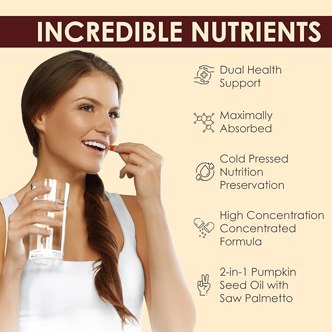 Pumpkin Seed Oil Capsules, 2 in 1 Pumpkin Seed Oil for Hair Growth, 2000mg Per Serving with Saw Palmetto, Cold Pressed, Supports Hair, Heart, Skin Herbal Supplement, Non-GMO, Gluten Free, 60 Softgels