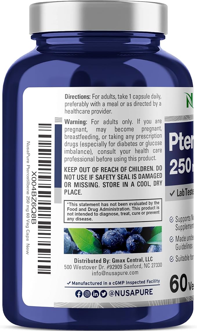 NusaPure Pterostilbene 250mg per Veggie Caps, 60 Count (Non-GMO, Vegan)