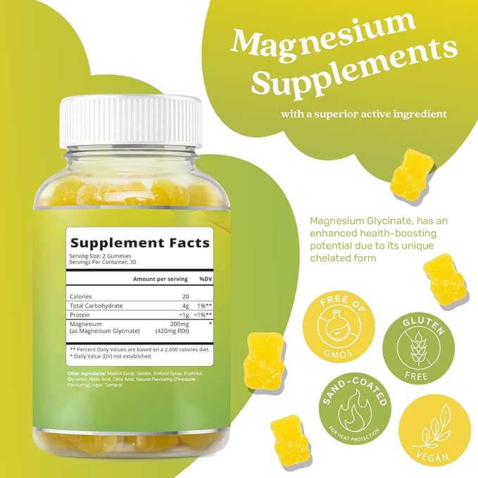 BeLive Magnesium Gummies 200mg - 60 Ct | Magnesium Glycinate Supplements for Relaxation, Stress Relief, and Sleep for Adults & Kids - Tasty and Tangy Pineapple Flavor