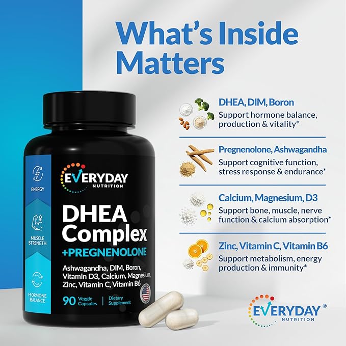 DHEA Micronized 200mg Complex with Pregnenolone 100mg Supplement for Men & Women with Ashwagandha, DIM, Magnesium, Boron, Calcium , Zinc, Vitamin D3, C and B6 Hormone Support - Made in USA 90 Capsules
