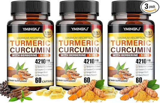 Turmeric Curcumin Supplement with Black Pepper & Bioactive Botanicals, Turmeric,Ginger,Berberine,Ceylon Cinnamon, – Premium Organic Supplement for Daily Wellness Support 60 Capsules 3 Pack