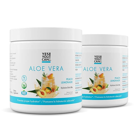 Yes You Can! Organic Aloe Vera Powder Drink Mix - Hydration Booster Infused with Pure Aloe Juice - Delicious Flavors - Made in USA - Antioxidant Rich - Peach Lemonade Flavor - 40 Servings Per Canister (2 Pack)