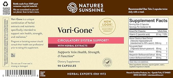 Nature's Sunshine Vari-Gone, 90 Capsules, Varicose Vein Supplements with 7 Powerful Herbs and Nutrients That Support Circulation for Vein Health, Strength, and Function