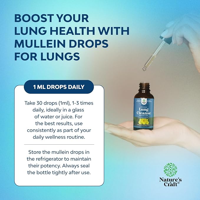 USDA Organic Mullein Drops for Lungs - Herbal Lung Detox & Cleanse with Marshmallow Root Extract & Plantain Leaf for Respiratory Lung Health - Mullein Leaf Tincture Drops for Breathing Support - 120ml