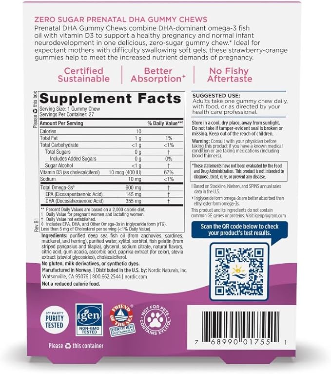 Nordic Naturals Zero Sugar DHA Prenatal Vitamin Gummies, Strawberry Orange Flavor - 27 Gummies - Supplements for Pregnancy - 600 mg Omega-3 Fish Oil and 400 IU Vitamin D3-27 Servings