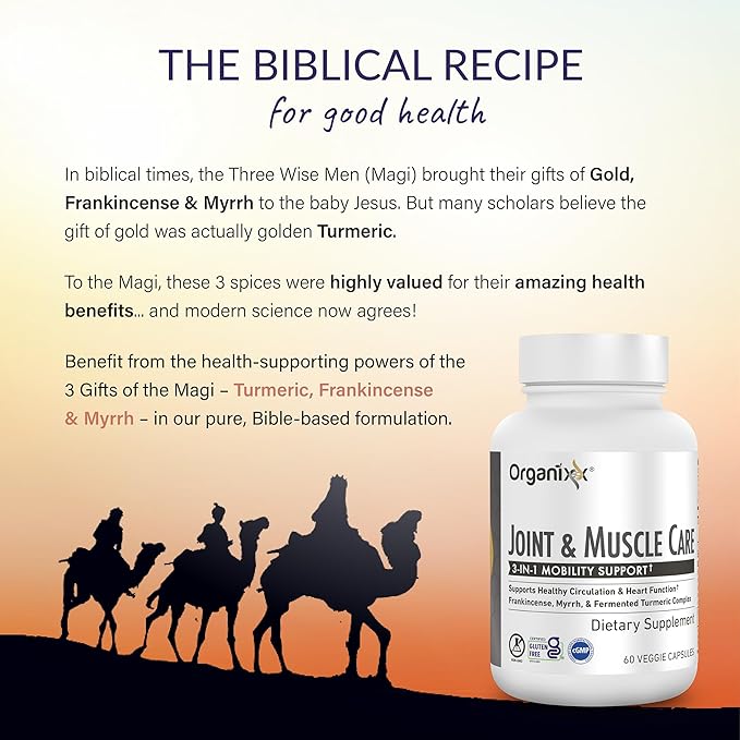 Organixx Joint & Muscle Care Organic Turmeric Supplement, 3-in-1 Frankincense, Turmeric and Myrrh Joint Health & Joint Support Supplement Body Care Capsules, Supports Swelling, Tension, 60 Capsules