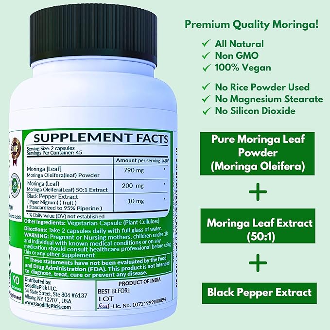 Premium Moringa Capsules with Black Pepper. Moringa Oleifera Powder & 50:1 Moringa Extract for Maximum Benefits 90ct All Natural NonGMO No Rice Powder No Stearate No Silicon Vegan