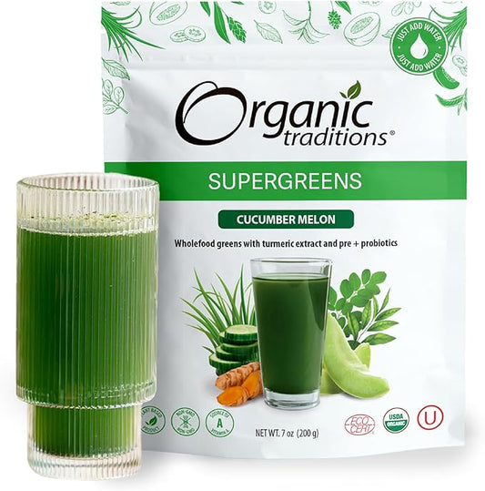 Organic Traditions Super Greens Powder Superfood with Turmeric, Cucumber Melon Flavored Organic Greens Superfood Powder, 200g / 7oz Bag