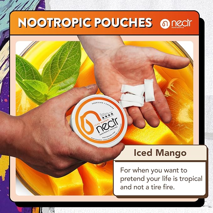 Nectr Energy Nootropic Pouches – Iced Mango Flavored, Caffeine Pouches with Cognizin® Citicoline. Sugar-Free Brain Treats. Smooth, Sustained Focus & Energy Supplement - 1 Puck of 16pcs