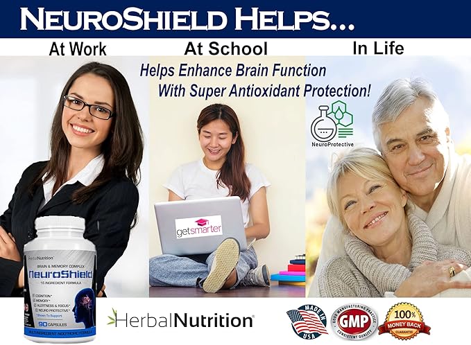 NeuroShield, Brain Supplement a Nootropic Brain Booster and Memory Supplement, Contains Huperzine A, Ginko Biloba, Bacopa Plus Antioxidants for Brain Health, Multi-Ingredients, 1 Bottle, 90 Capsules