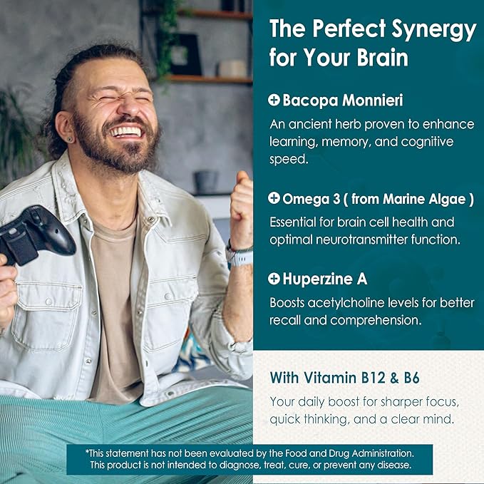 Phosphatidylserine - Nootropic Brian Supplement, Focus & Energy Gummies+ Bacopa Monnieri, Omega 3, Huperzine A, Methyl B12 & B6 for Seniors, Gamers, Workers, Non-GMO, Caffeine-Free, Sugar Free, 2 Pack