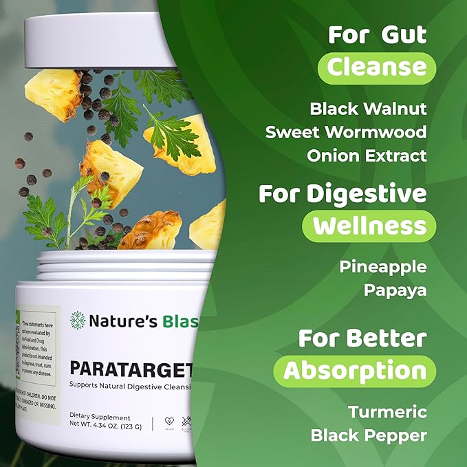 ParaTarget - Gut Health Formula - Intestinal Gut Cleanse Powder Supplement with Black Walnut, Wormwood, Turmeric & More - Natural Wellness Supplements for Women & Men - 30 Servings