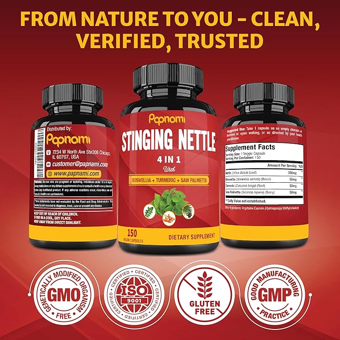 Stinging Nettle Extract Capsules - 4in1 Combined with Boswellia, Turmeric & Saw Palmetto - 150 Counts for 5 Months - Supports Joint, Body Management, Skin, Hair & Immunity