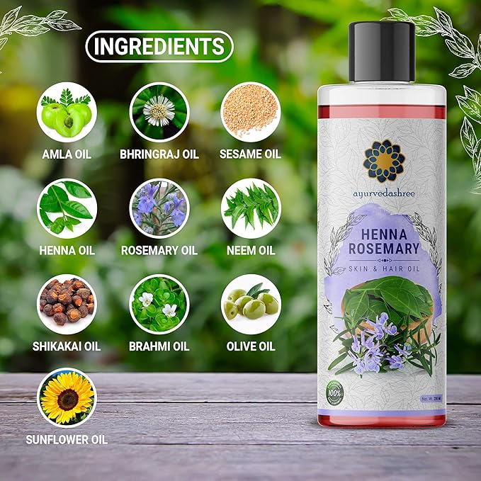 Henna Rosemary Hair Oil 200 ml, 6.76 fl oz with Neem, Shikakai, Bhringraj, Amla, Brahmi, Sesame, Olive & Sunflower Oils