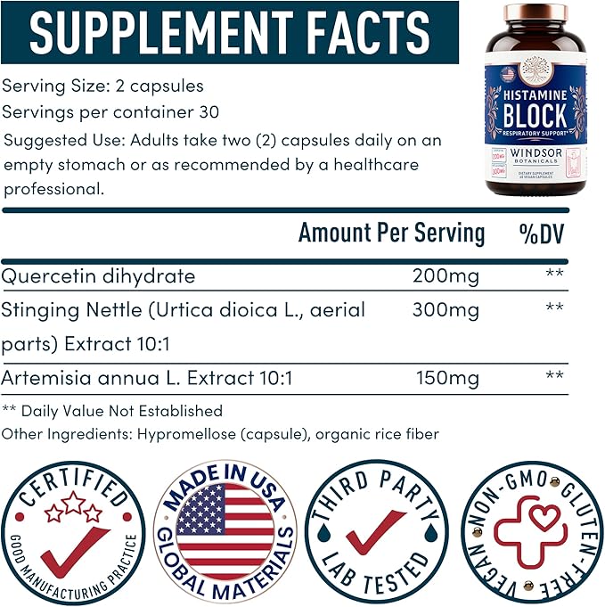 Histamine Blocker for Allergies - Quercetin, Stinging Nettle Flavonoids Natural Antihistamine Tablets - Allergy Relief Supplements & Antihistamines for Adults - 60 Vegan Histamine Block Capsules