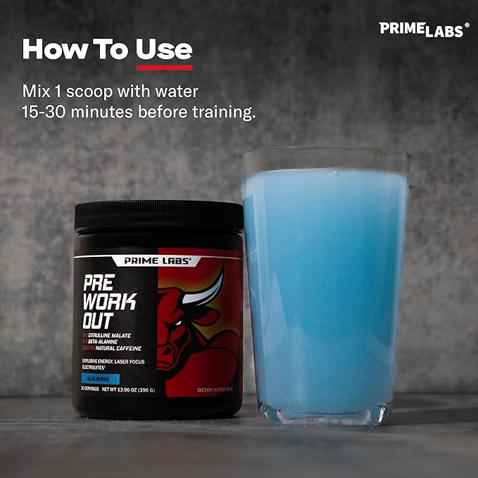 Prime Labs Pre Workout Powder for Men - with Citrulline Malate, Beta-Alanine, and Natural Caffeine - Energy, Focus, Power - Blue Lemonade Flavor - 30 Servings