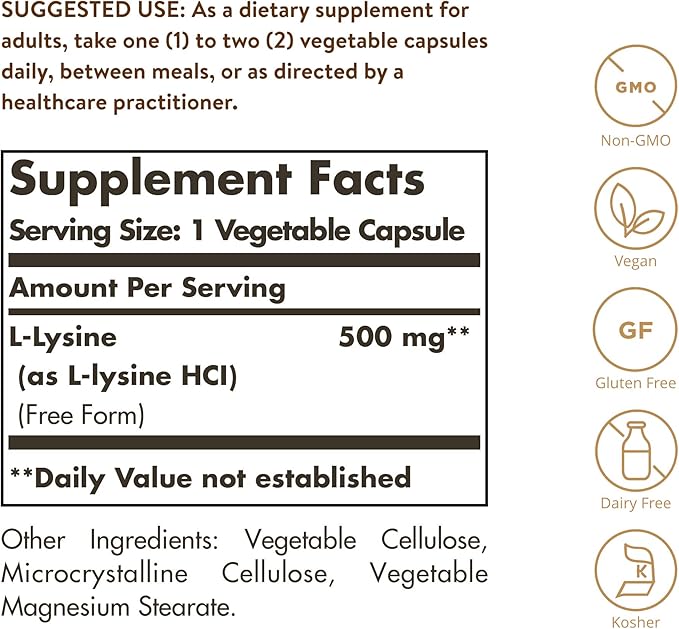 Solgar L-Lysine 500 mg, 250 Vegetable Capsules - Enhanced Absorption & Assimilation - Promotes Integrity of Skin & Lips - Collagen Support - Amino Acids - Non-GMO, Vegan, Gluten Free