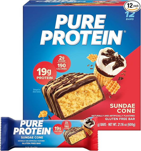 Pure Protein Bars, High Protein, Nutritious Snacks to Support Energy, Low Sugar, Gluten Free, Sundae Cone, 1.76oz, 12 Count (Packaging May Vary)