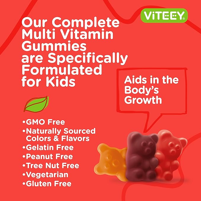 Viteey Kids Multivitamin Gummies, Complete Daily Essential Kids Vitamins - Great for Immune Support & Overall Health - 12 Essential Minerals & Vitamins - Vegetarian, Gelatin Free- Fruit Flavor Gummy