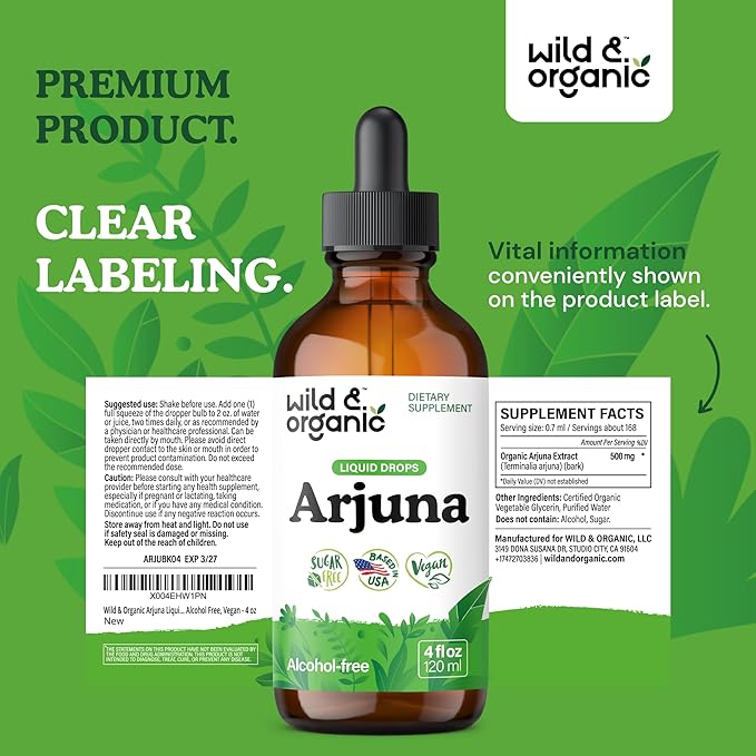 Wild & Organic Arjuna Bark Tincture - Overall Well-Being Supplement - Alcohol-Free Liquid Drops - Terminalia Arjuna Bark Extract - No Sugar & Additives, Non-GMO - 4 fl oz