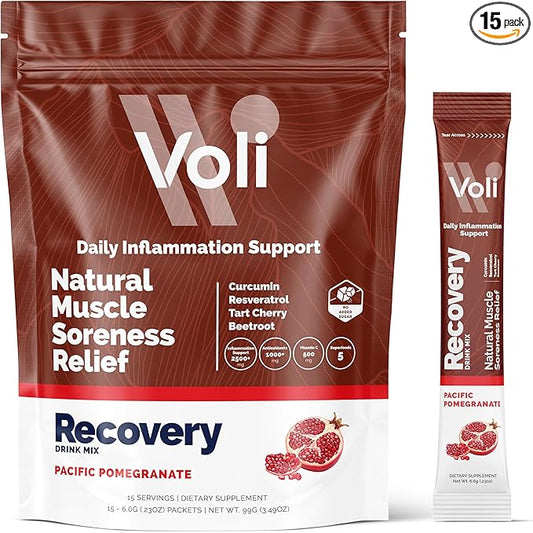 Voli Recovery - Post Workout Superfood Powder | Plant-Based Drink Mix Packets with Curcumin, Ginger & Vitamin C for Muscle Recovery & Immune Support, Inflammation & Leg Cramps Support, Vegan, 15 Count