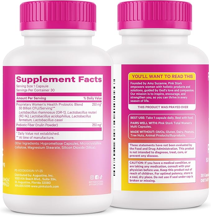 Pink Stork Women’s Probiotic Capsules – 50 Billion CFU Probiotics and Prebiotics – Supports Vaginal Flora, pH Balance, Gut Health, Mood + Digestive Wellness – Dairy-Free, Vegan, Non-GMO – 30 Count