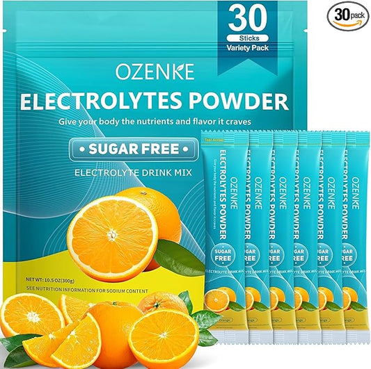 Electrolytes Powder Packets, 30 Sticks Hydration Packets Sugar Free, Electrolyte Drink Mix Portable Electrolyte Packets for Rapid Hydration, 0 Sugar & 0 Calorie, Orange Flavor