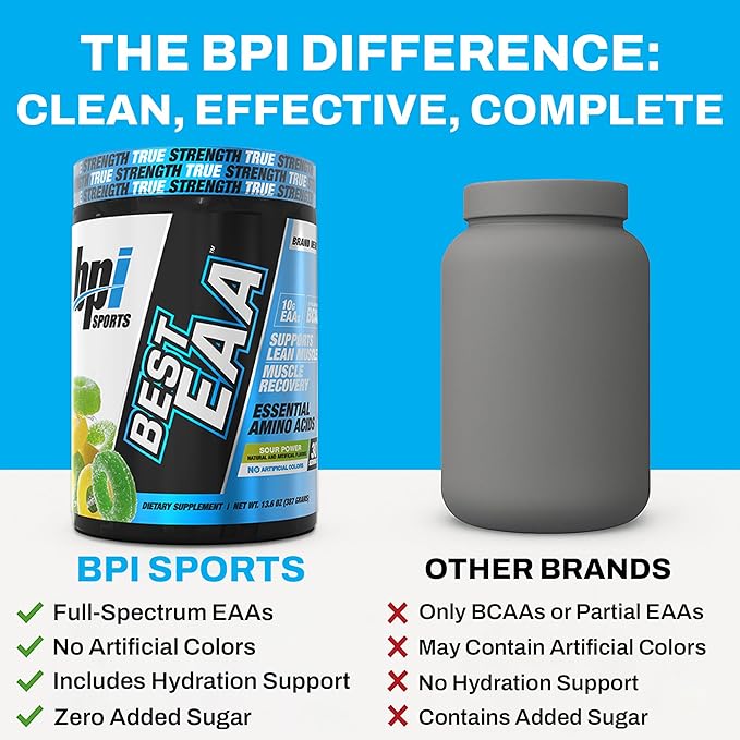 BPI Sports Essential Amino Acids EAA Powder - Pre, Intra & Post Workout Drink - BCAA Powder for Men & Women, EAA + BCAA + Hydration. Advanced Formula with 10g of EAA. (Sour Power)