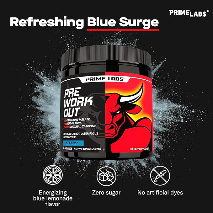 Prime Labs Pre Workout Powder for Men - with Citrulline Malate, Beta-Alanine, and Natural Caffeine - Energy, Focus, Power - Blue Lemonade Flavor - 30 Servings