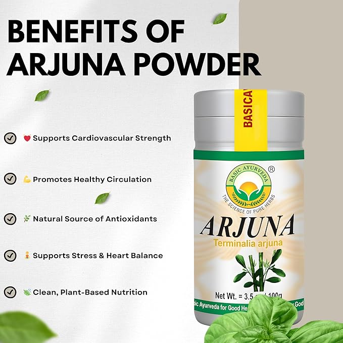 BASIC AYURVEDA Arjuna Bark Powder (Terminalia Arjuna) | Traditionally Used for Heart & Vitality Support | Pure & Natural | Non-GMO, Gluten-Free | 3.53 Oz (100g)