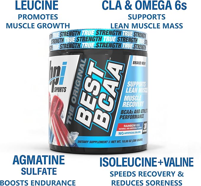 BPI Sports Best BCAA Powder - Muscle Recovery Support - Branched Chain Amino Acids | Building Blocks of Protein and Muscle - Post Workout Recovery – Hydration – Rainbow Ice, 30 Servings