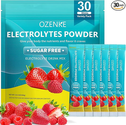 Electrolytes Powder Packets, 30 Sticks Hydration Packets Sugar Free, Electrolyte Drink Mix Portable Electrolyte Packets for Rapid Hydration, 0 Sugar & 0 Calorie, Strawberry & Raspberry Flavor
