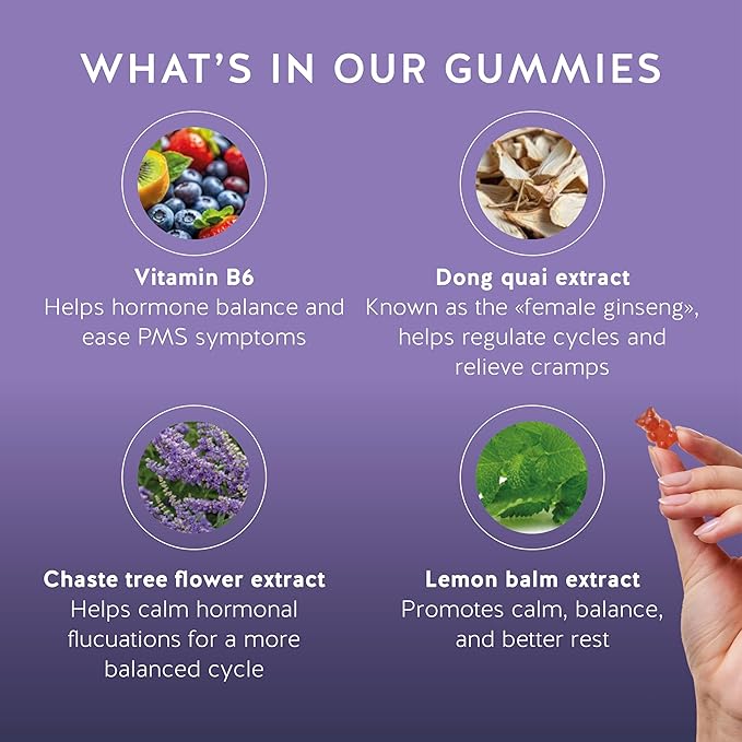 PMS Support Supplement for Women. Menstrual Relief Gummies to Target Hormonal Breakouts, Bloating, Period Cramps, & Mood Swings. Vegan, with Vitamin B6 & Lemon Balm, 30 Gummies