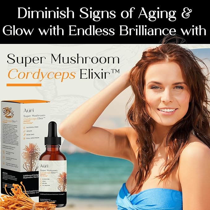 Auri Super Mushroom Cordyceps Elixir for Stamina, Natural Energy, Youthfulness and Longevity with Full Spectrum Support - Cordyceps Tincture 60 ml