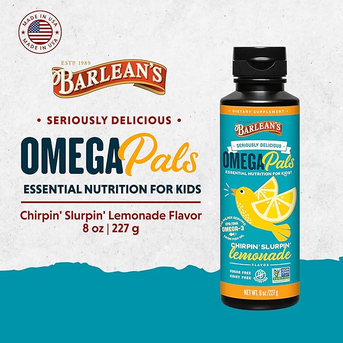 Barlean's Omega 3 Fish Oil Liquid Supplement for Kids, Chirpin' Slurpin' Lemonade, 540 mg of EPA and DHA Fatty Acid, 8 oz