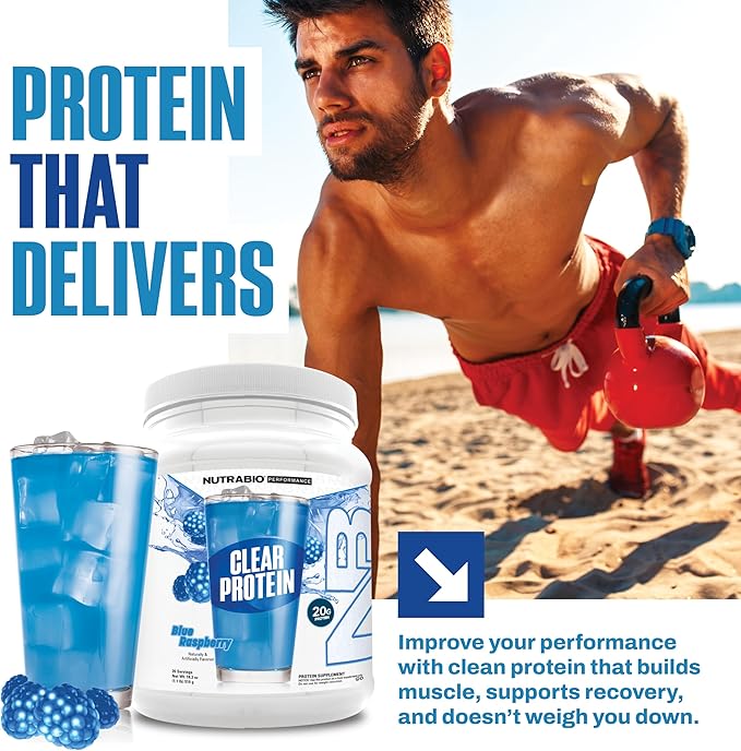 NutraBio Clear Protein Powder, Blue Raspberry - 20 Servings, 20g Clear Whey Protein Isolate, 0 Sugar, 0g Lactose, Refreshing Fruit Flavors, GLP1 Support - Bone Health - Muscle Post Workout Recovery