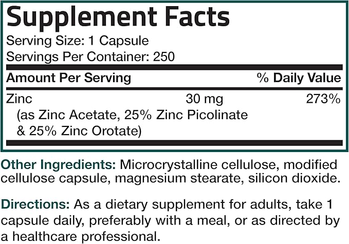 Bronson Zinc Triple Play 30mg Triple Coverage Immune Support with Zinc Acetate, Picolinate & Orotate - Immune, Antioxidant & Skin Health Support - 250 Vegetarian Capsules