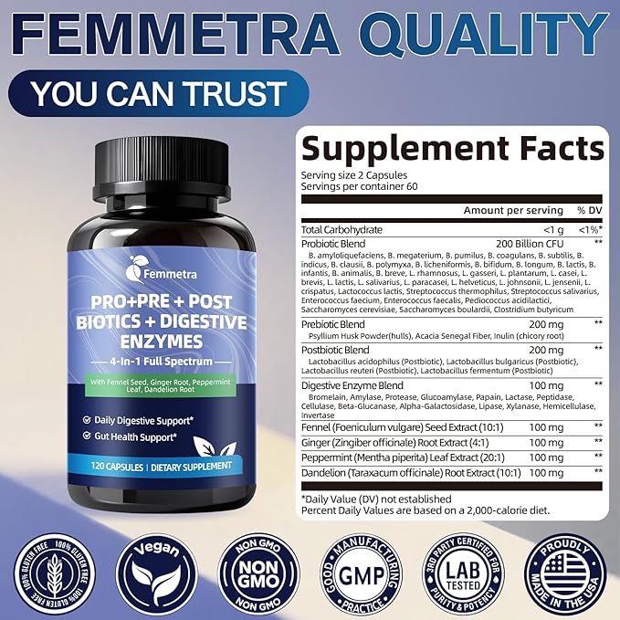 Digestive Enzymes Postbiotics Prebiotics Probiotics for Women & Men, 200 Billion CFU 36 Probiotic Strains + Psyllium Husk - Supports Gut, Digestive, Vegan, 60 Days